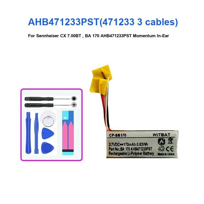 IN - Ear Headphones Battery AHB471233PST 471233 3 Cables 170Mah For Sennheiser CX 7.00BT BA170 Momentum