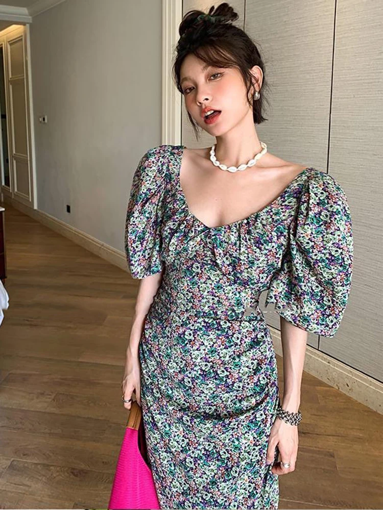 Long Floral Print Dresses For Women Puff Sleeve Summer A-line Beach Dress Korean Chic Sexy Elegant Pretty Party Women's Dresses