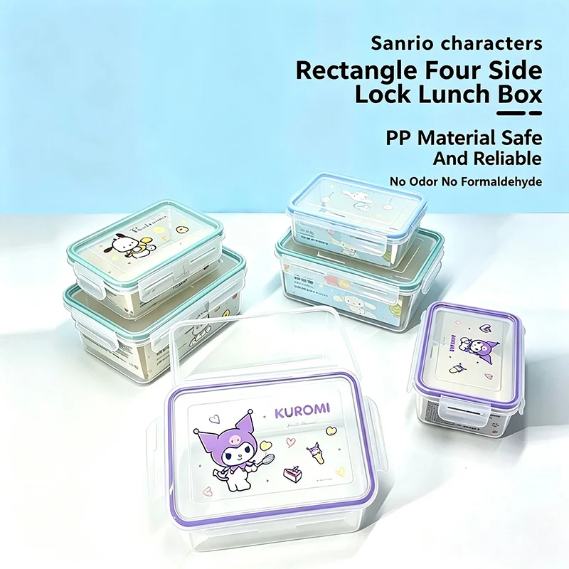 Kuromi Rectangle 4 Side Lock Bento Box Microwave Safe PP Food Storage Container Leakproof Lunch Box For Fridge Home