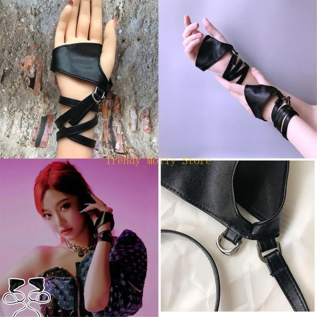 

N5KB Y2K перчатки без пальцев с регулируемым ремешком женские перчатки с половиной пальца в стиле панк перчатки для танцевальной