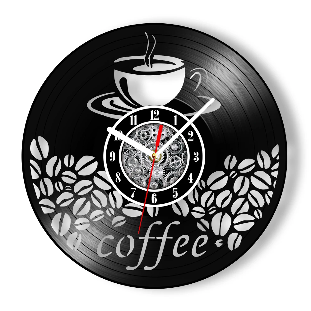 Coffee Bar Sign Vinyl LP Record Wall Clock for Kitchen Living Room Home Decor Cafe Coffee Bean Artwork Carved Music Album Clock