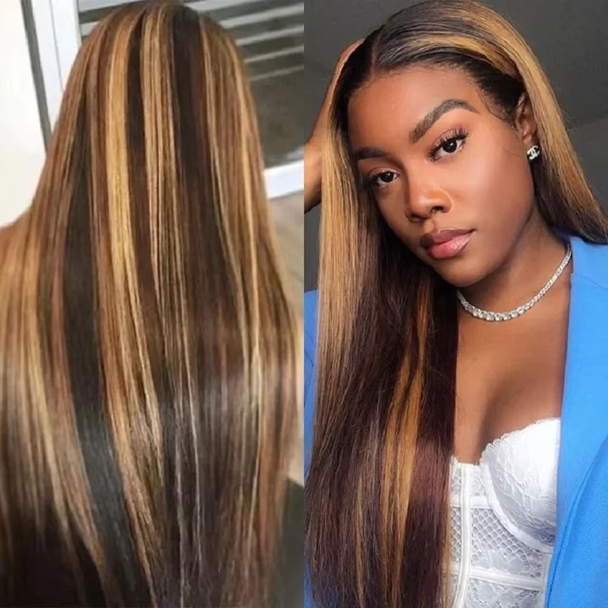 

Honey Blonde Colored Straight Human Hair Wig Highlight 18 46 Inch P4/27 Long Human Hair 13x4 HD Lace Front Wig 220% For Women