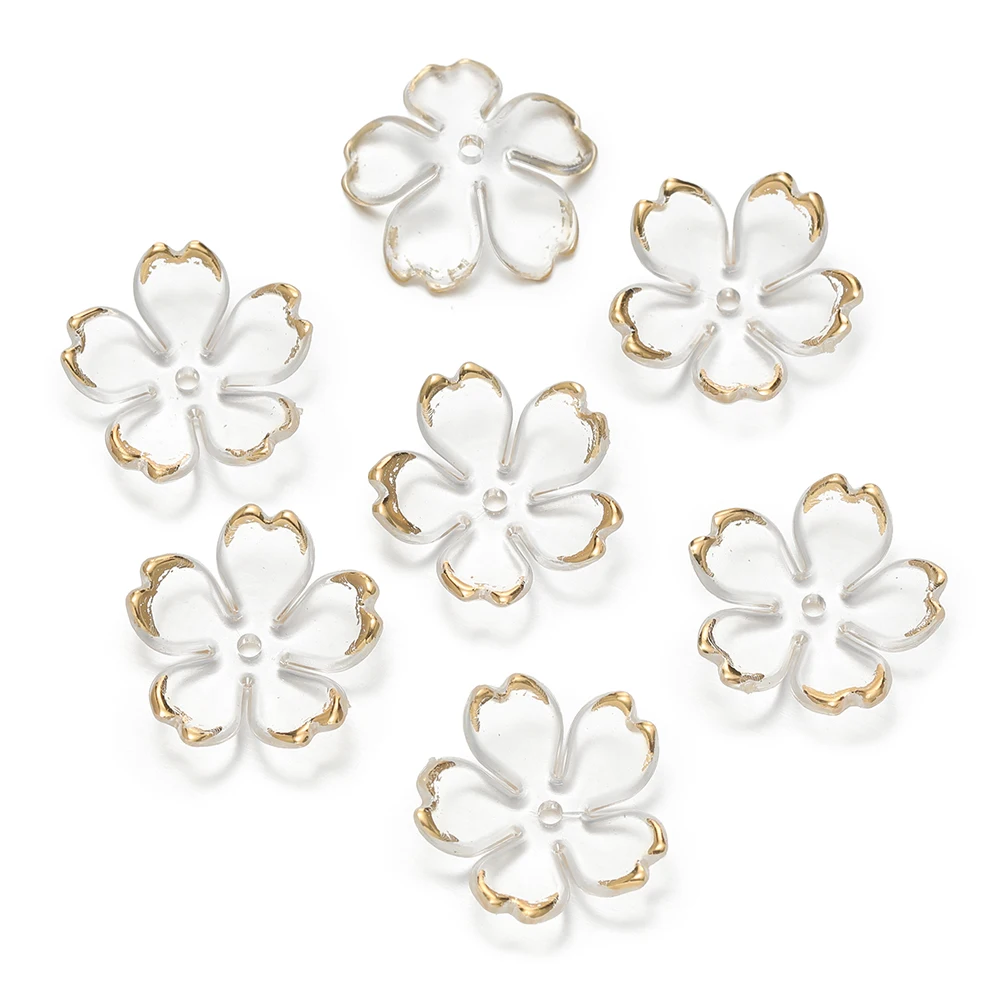 50pcs Cherry Blossoms Acrylic Beads Golden Brushed Patter Petals Charm Connector DIY Earrings Hair Jewelry Making Acessories