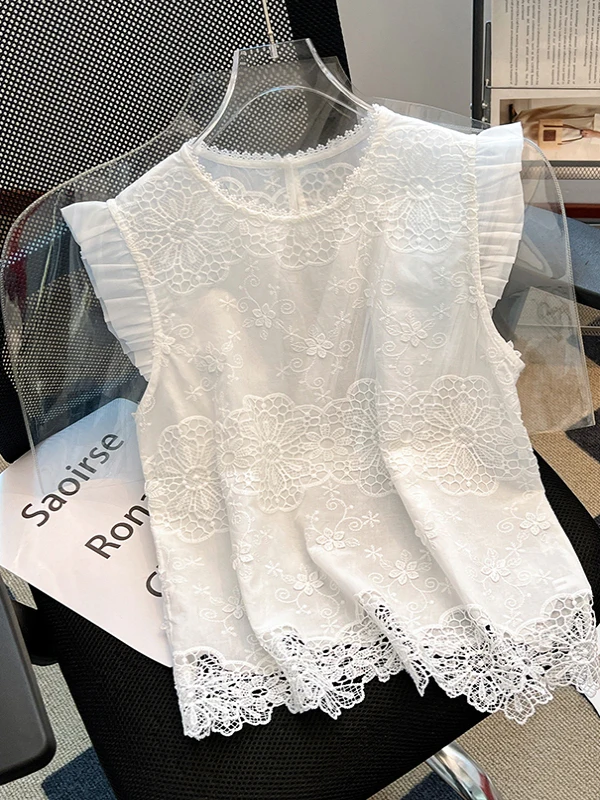 레트로 자수 조끼 여성 여름 루즈 레이스 트림 헴 이너웨어 플라이 슬리브 스몰 탑 편안한 통기성 면
