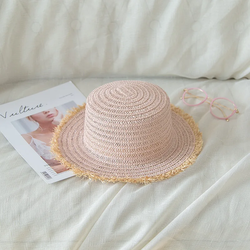

Korean version of women's straw weaving flat top rough edge fashion, sun protection sun beach travel hat big edge hat