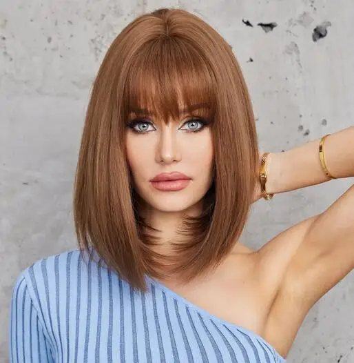 Light Brown Synthetic Wigs Short Straight Bob Cut Blunt Wig Copper Brown Hair for Black White Women Daily Party Heat Resistant