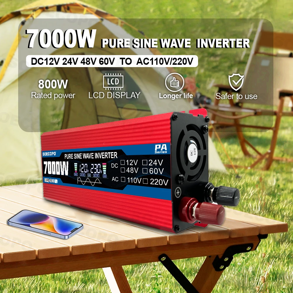 (US Stock) Pure Sine Wave Inverter 7000W Peak DC 12V to AC 110V Power Converter 60Hz LED Display for Home Solar System