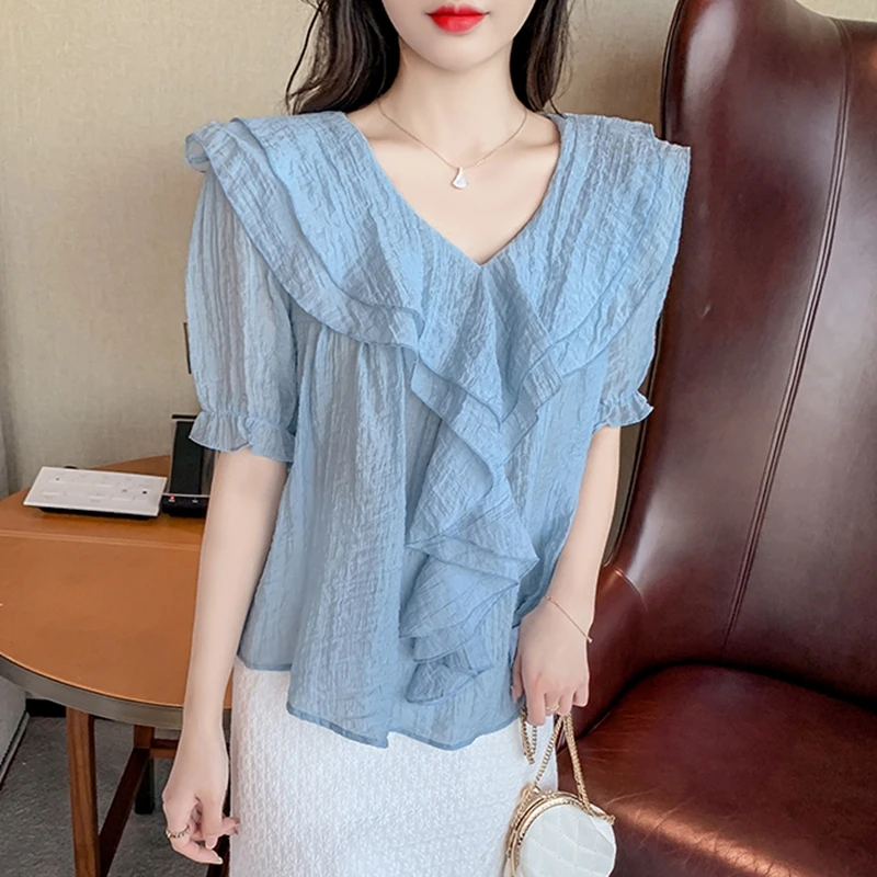 Vintage Summer Chiffon Blouses Women 2024 Elegant Korean Fashion White Ruffles Blusas Mujer Causal Loose Ladies Puff Sleeve Tops