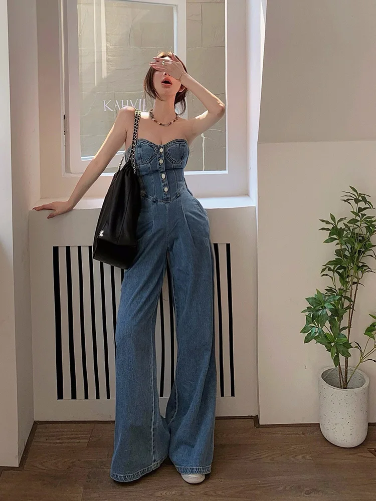 Korean Style Denim Jumpsuit Slim Waist Tube top one piece Wide Leg Pants Sexy Strapless Long Overalls Side Zipper Rompers