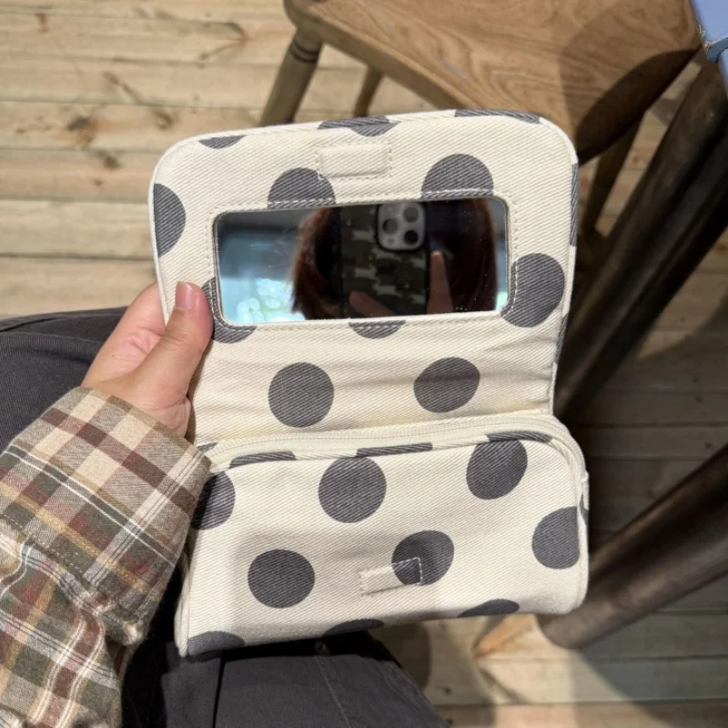 Korean Style Polka Dot Canvas Makeup Bag Built‑in Mirror Portable Daily Travel Storage Bag Fashion Exquisite Shopping Flap Purse