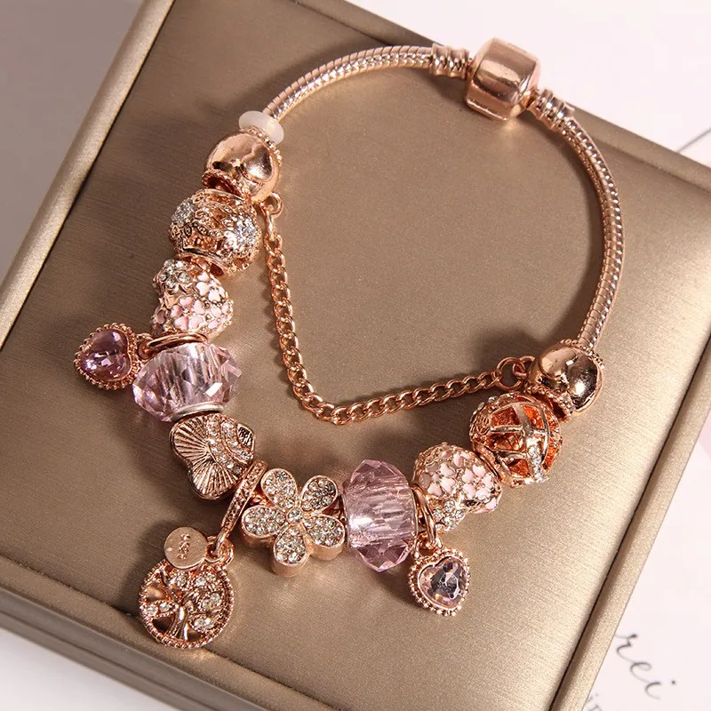 Yexcodes Life Tree Pendant Family Bracelet for Women DIY Rose Golden Chain Suitable for Women Friendship Friends Gift