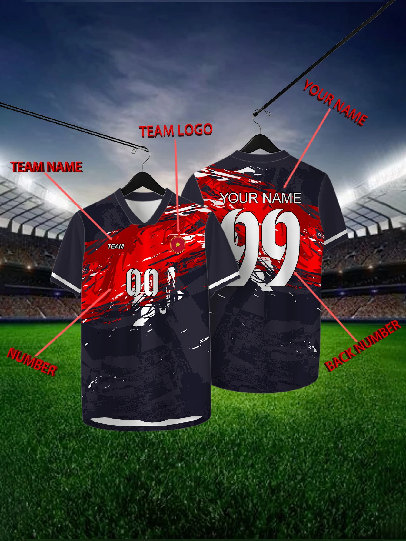 

Customized Geometric Black Short Sleeved Shirt with Team Name, Emblem, Name and Number, Outdoor Sports Short Sleeved T-shirt