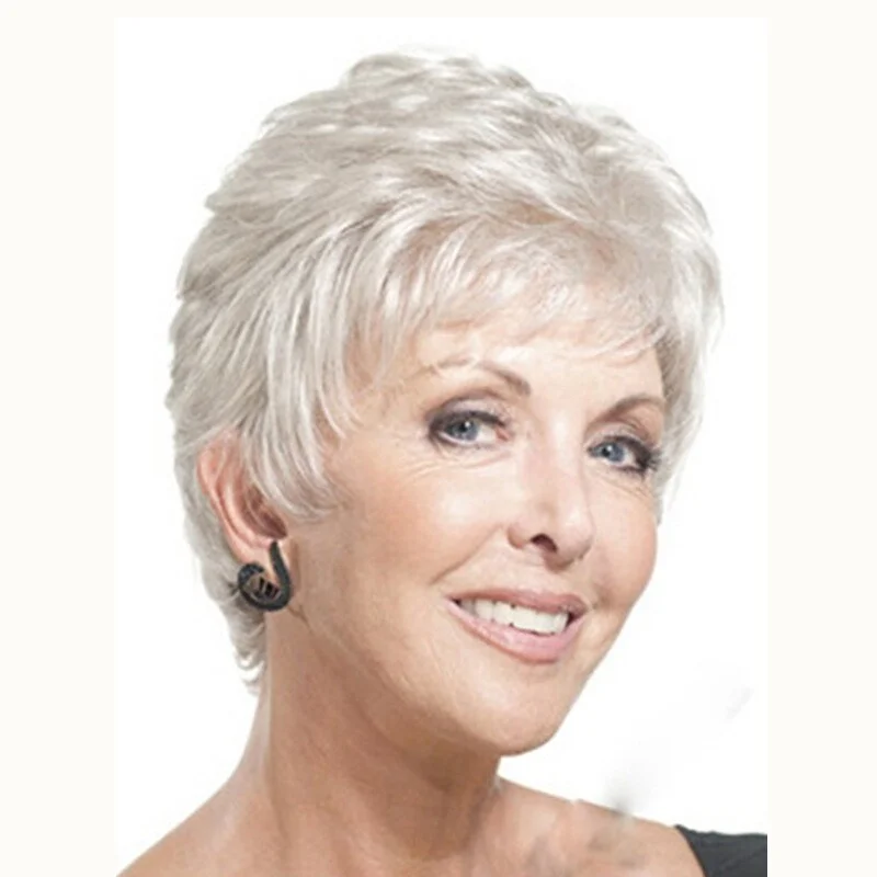 Short Layered White Pixie Cut Wigs with Bangs for White Women Synthetic Hair Wig