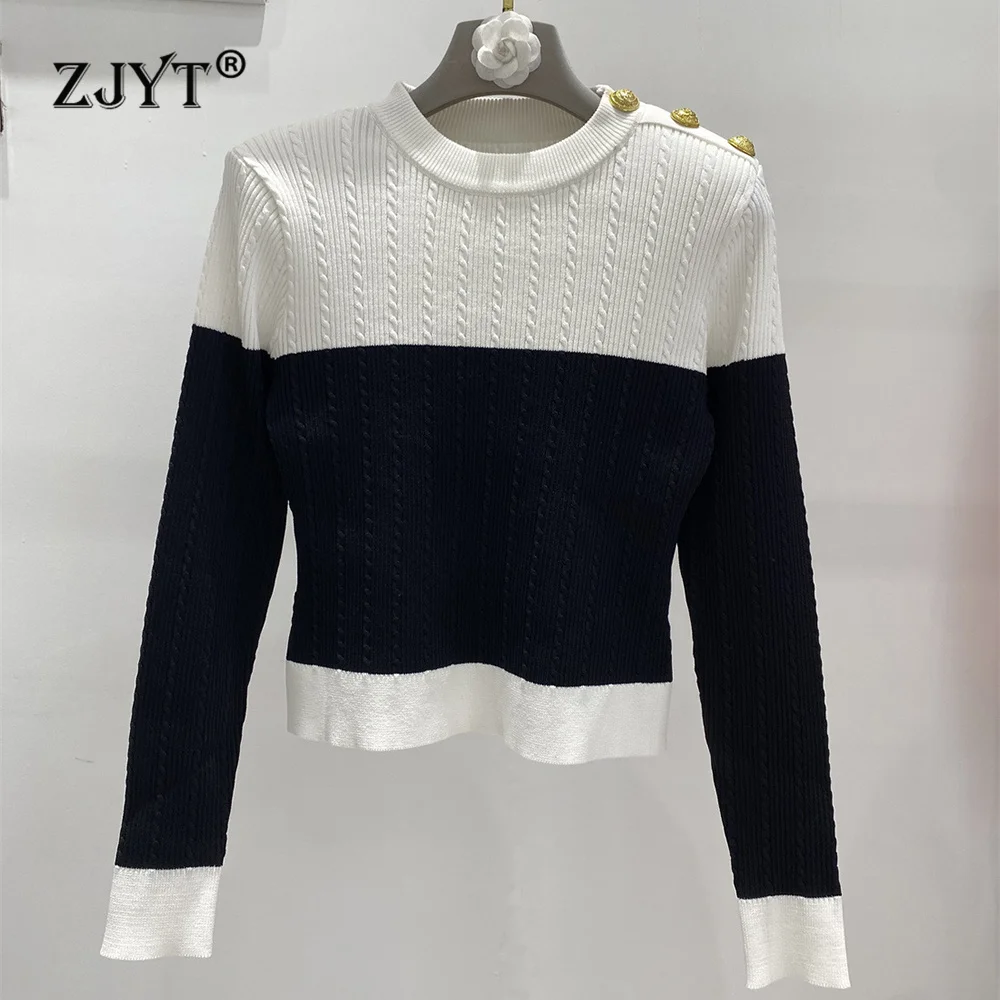 

ZJYT New Autumn Winter Women's Pullover Sweater O Neck Color Block Knitted Top Elegant Black White Knitwears Female Jersey