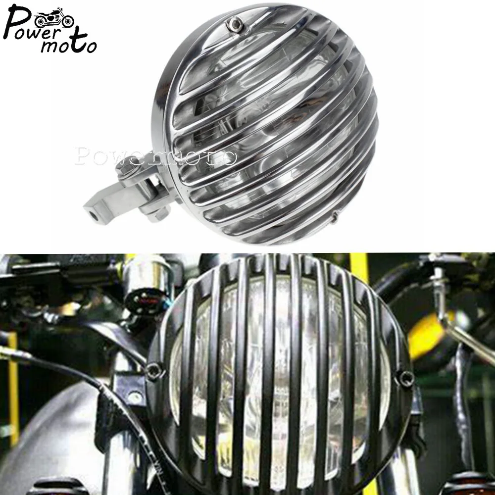 Motorcycle Aluminum High/ Low Beam Head Lamp w/ Grille Headlight For Harley Bobber Chopper Cafe Racer Polish Grilled Headlamp