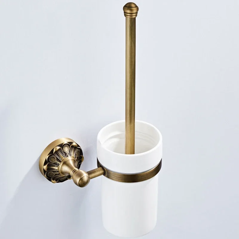 Toilet Brush Set Brass Antique Household  Long Handle Cleaning  Brush Retro  Brush Ceramics Cup Wall-Mounted
