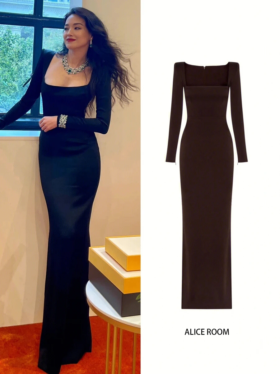 Black Evening Dress for Women 2023 New Banquet Long Sleeve Slim Fit Dress French Fishtail Dress Prom Dress