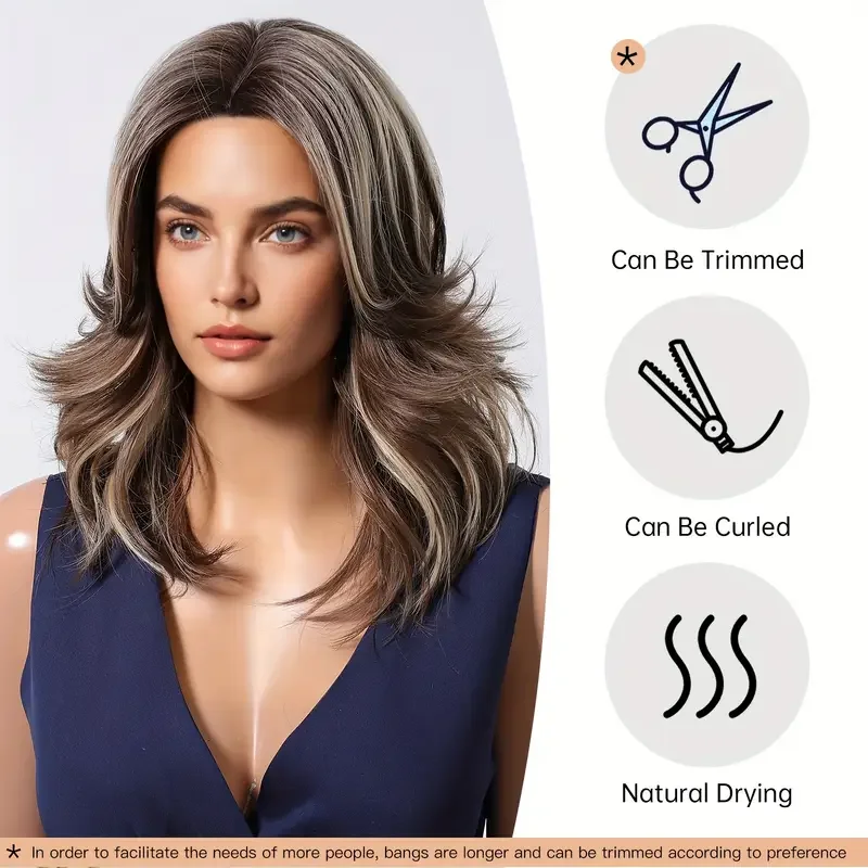 Brown Blonde Highlights Wigs Medium Length Wavy Fake Hair For Women Daily Use Natural Middle Part Heat Resistant Synthetic Wigs image 3