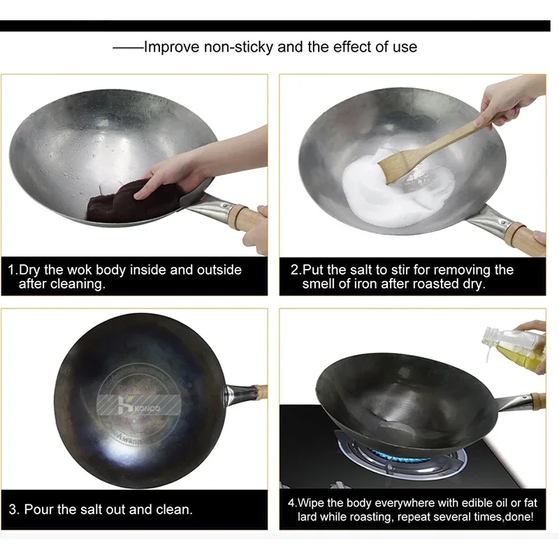 Chinese Traditional Household Iron Wok,Hand Forging Iron Pan, Wooden Handle, Pure Iron, No Coating, Non-stick Wok, Gas Cooker