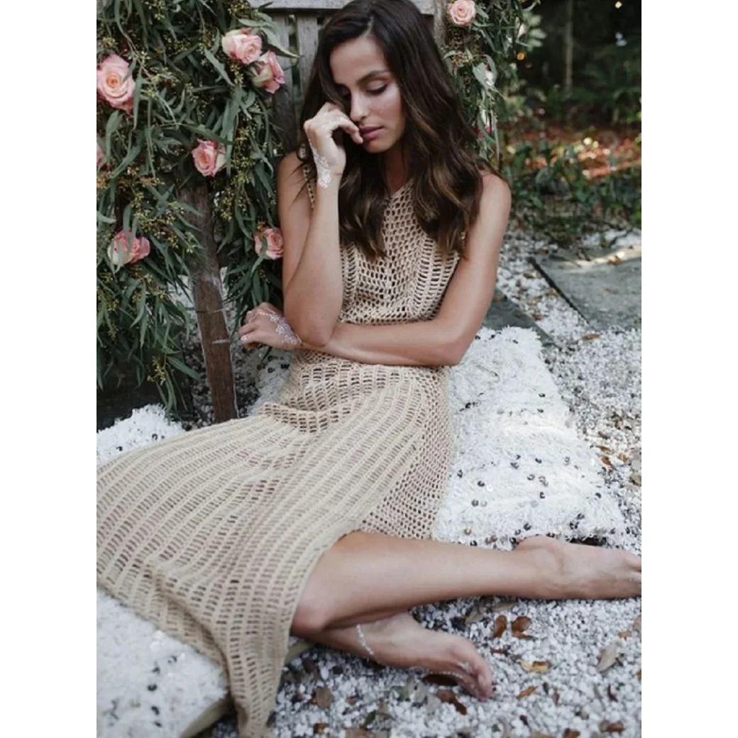 Women Knitted Bikini Cover Up Beach Maxi Dress - Sexy Knitted Hollow Out Sleeveless Split Dress Robe