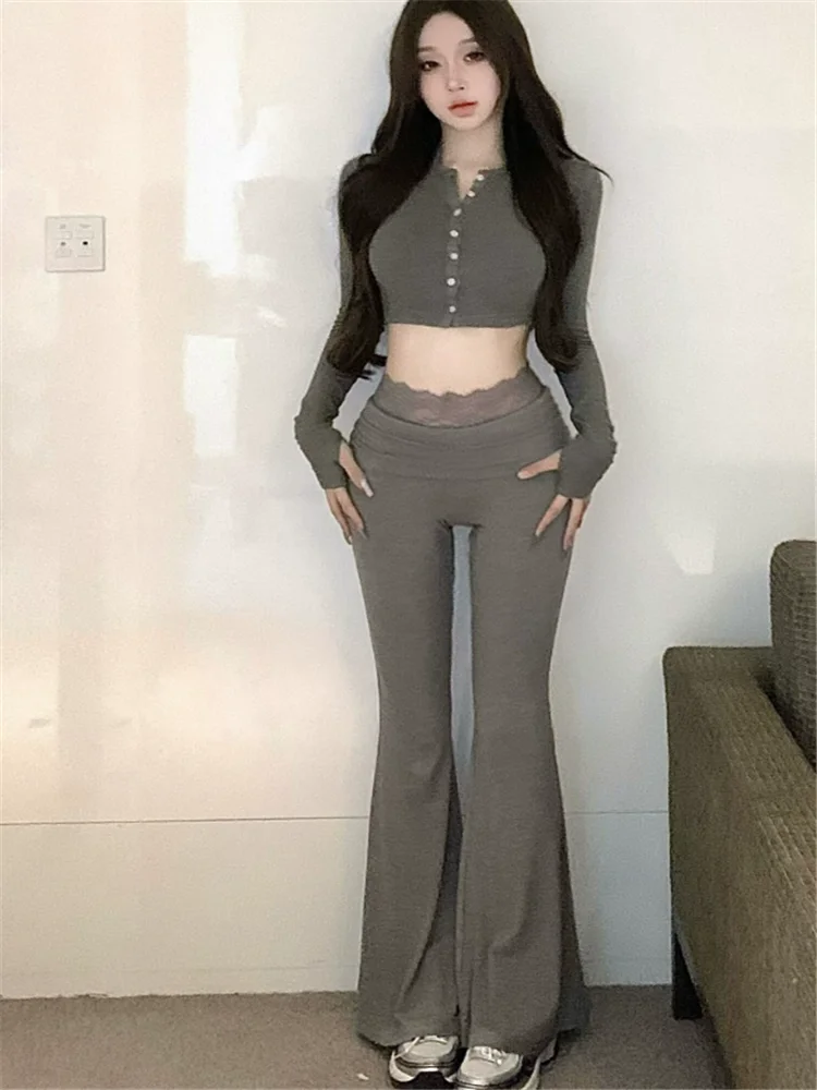 Women 2025 New Spring Fashion Two Piece Sets Long Sleeve O Neck Short Slim Shirt Crop Top&Long Flare Pants Chic Grey 2pc Suits