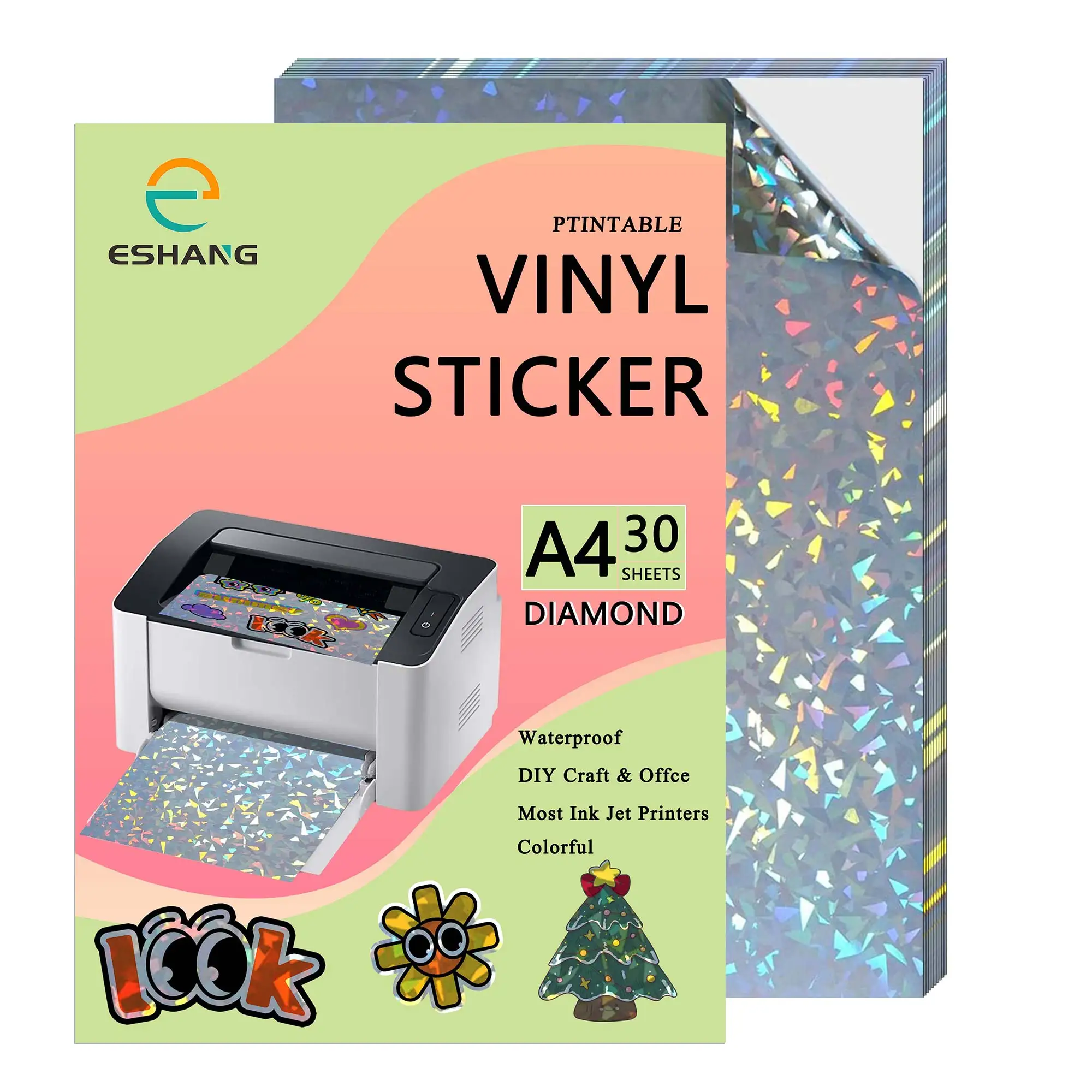 A4 10/20/30/40/50PCS Holographic Diamond Printable Vinyl Sticker for Inkjet Printer, Easy to Cut, Waterproof, DIY Craft & Labels