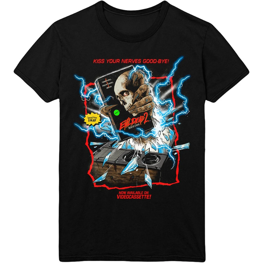 Camiseta gráfica de algodón estilo streetwear con diseño de película de terror retro Evil Dead 2 VHS, clásico culto de los años 80, con diseño de videocasete