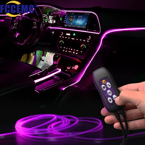 Imagen 1 del producto Luces interiores de coche USB, tiras de fibra óptica de 64 colores, múltiples modos, Control de sonido, lámpara ambiental decorativa RGB, luz de neón para coche