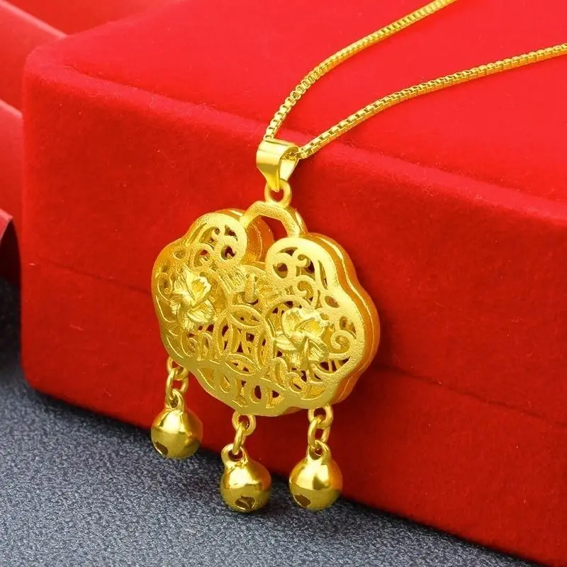 Gold-Tone Clavicle Necklace with Auspicious Lock Pendant Symbolizing Safety, Prosperity, and Longevity for Babies and Children