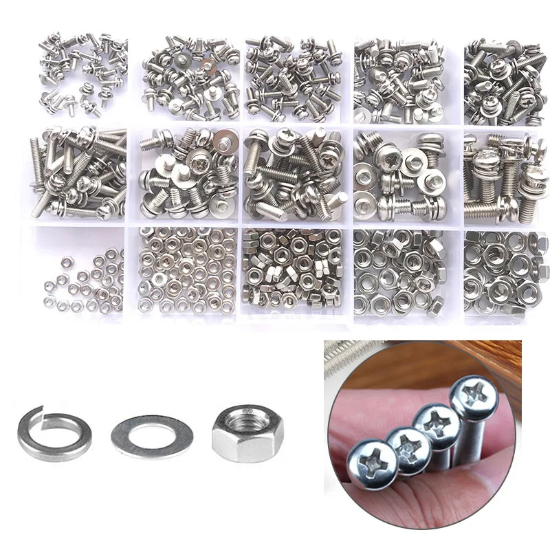 

400/510pcs Stainless Steel Cross Round Pan Head Screw Assortment Kit M2 M2.5 M3 M4 M5 Phillips Machine Screw Set with Nut Washer