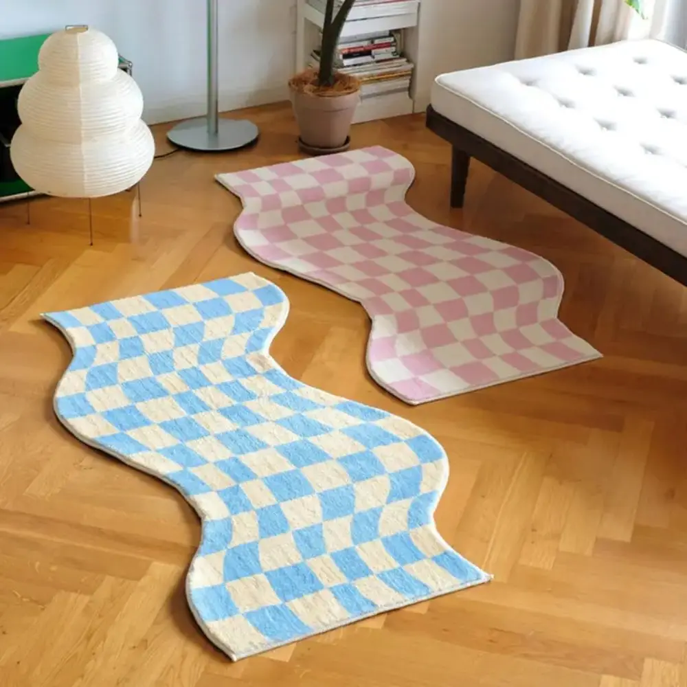 VIKAMA Unregelmäßiger karierter Teppich, süßer Mädchen-Schlafzimmer-Nachttischteppich, weiche und bequeme Wohnzimmer-Bodenmatte, Heimdekoration