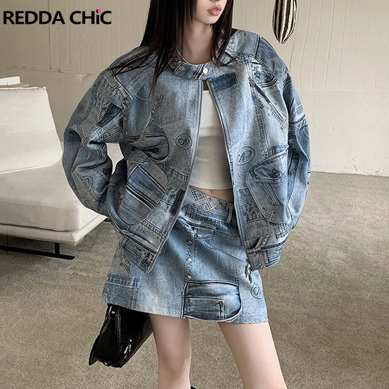 

REDDACHiC 90s Retro Denim Print Suit Bomber Jacket Mini Skirt Women 2-piece Set Long Sleeves Oversize Coat Hiphop Y2k Streetwear