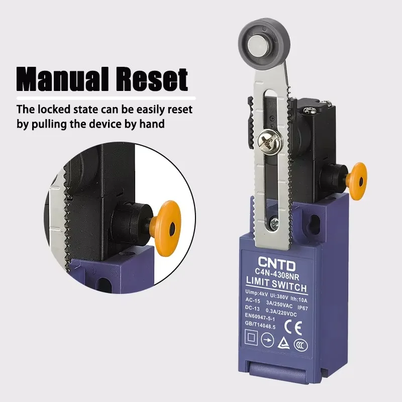 CNTD C4N-4308NR Adjustable Ball Swing Rod (Metalswing Rod Resin Ball) Vertical Manual Reset Safety Limit Switch IP67 3A 250VAC