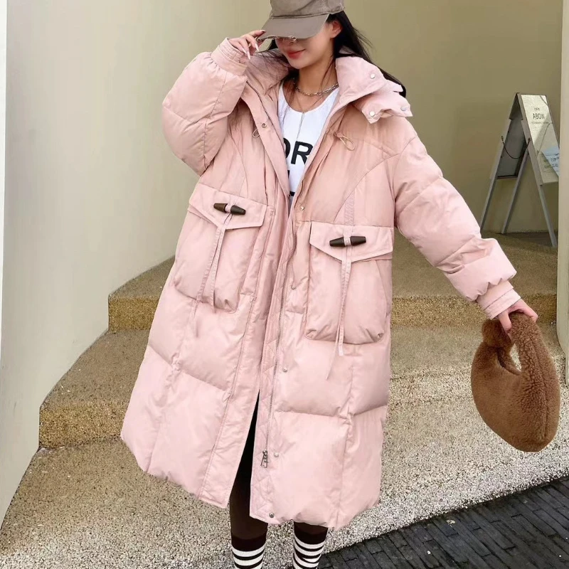 

Women's Down Parka Winter New Puffer Coats Cow Horn Buckle Simple Casual Outerwears Windproof Thickened Warm Long Down Jackets