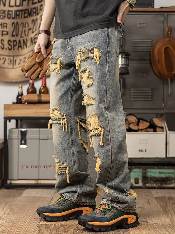 Retro American Style Men's Jeans High Street Trend Patchwork Worn out Wide Leg Casual Pants Straight Tube Loose Fit Jeans