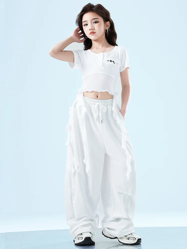Ropa de Hip Hop Kpop para chico, Top corto con tirantes blancos y negros, pantalones informales de paracaídas para el sudor para niña, trajes de baile de Jazz, ropa