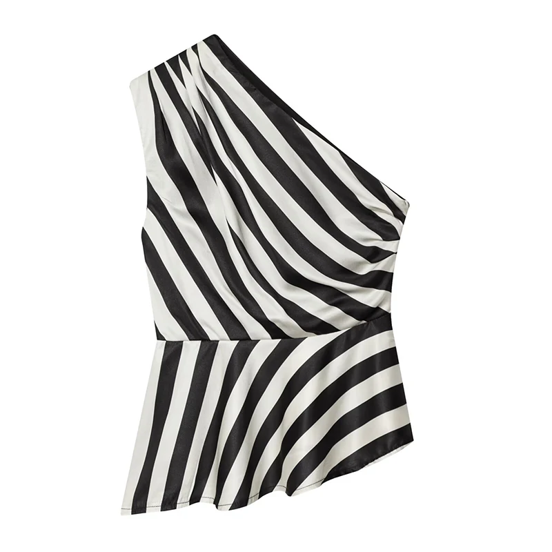 YENKYE New 2026 Women's Striped One Shoulder Sleeveless Peplum Top Draped Asymmetric Hem Party Crop Top Summer Blouse
