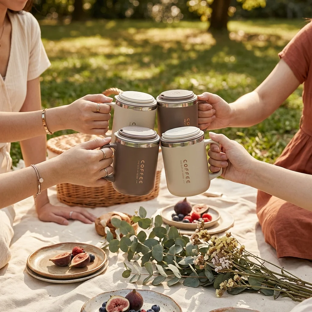 Thermal Coffee Mug Insulated Travel Tumbler with Handle 304 Stainless Steel Leakproof Water Bottle Dual Drink Cup Straw Spoon