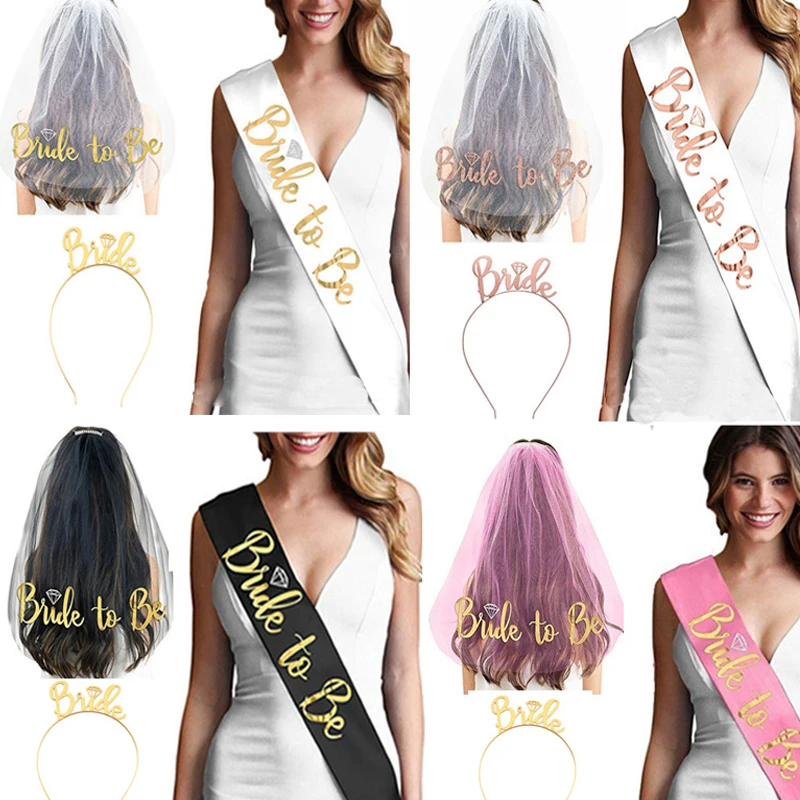 1Set Wedding Decoration Bridal Shower Veil Team Bride To Be Satin Sash Balloon Bachelorette Party Girl Hen Party Decoration