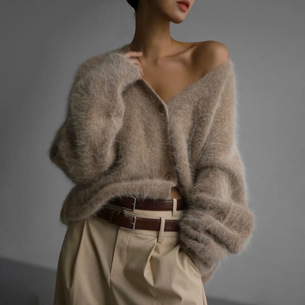 

Loose Long Sve V-Ne Knitted Sweater Coat Women's Autumn Winter Faion Outerwear Imitation Mink Cardigan Comfortable Fit