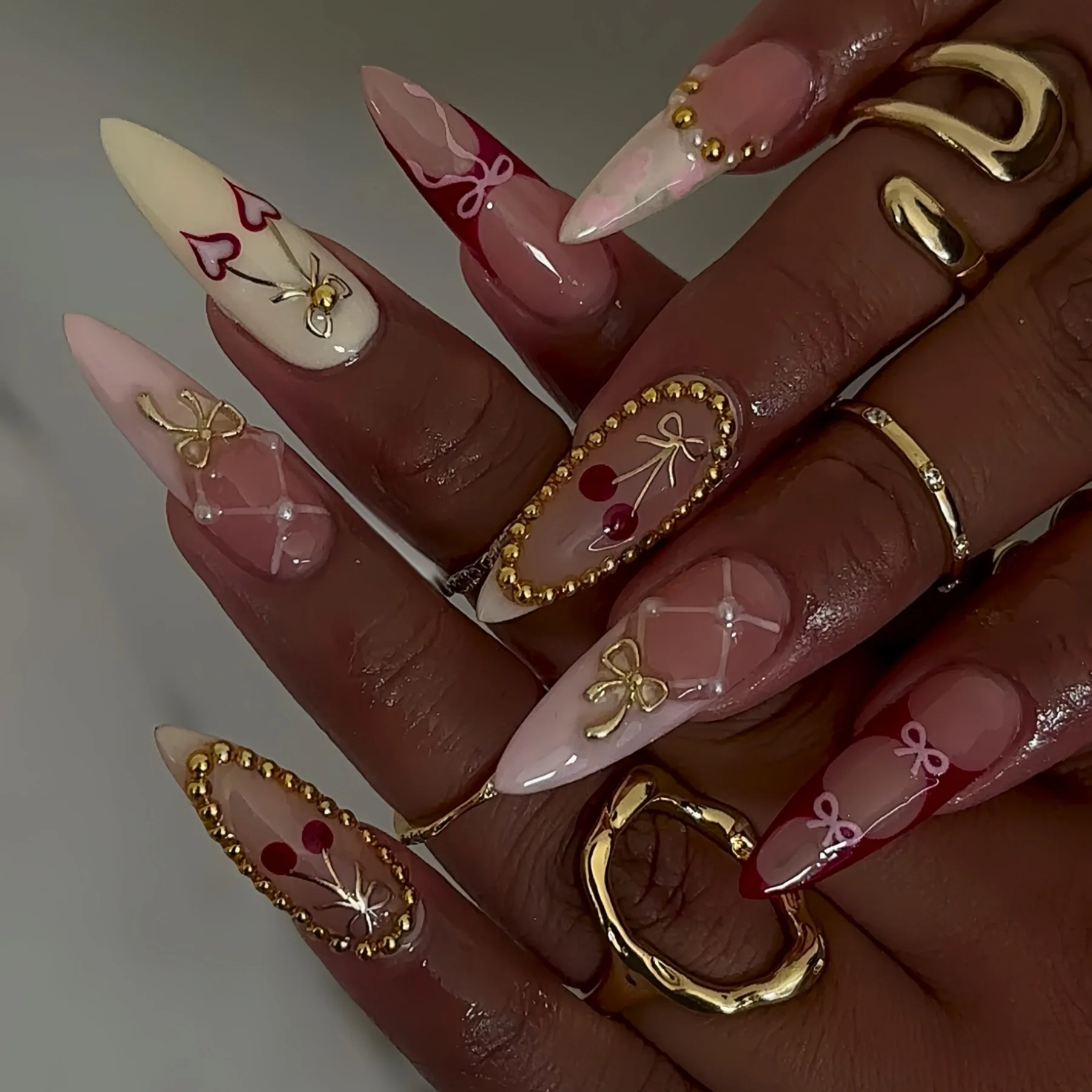 

24PCS Sweet Pink French False Nails Cute Cherry with Golden Bowknot Design Stiletto Fake Nails for Women Fashionable Almond Nail