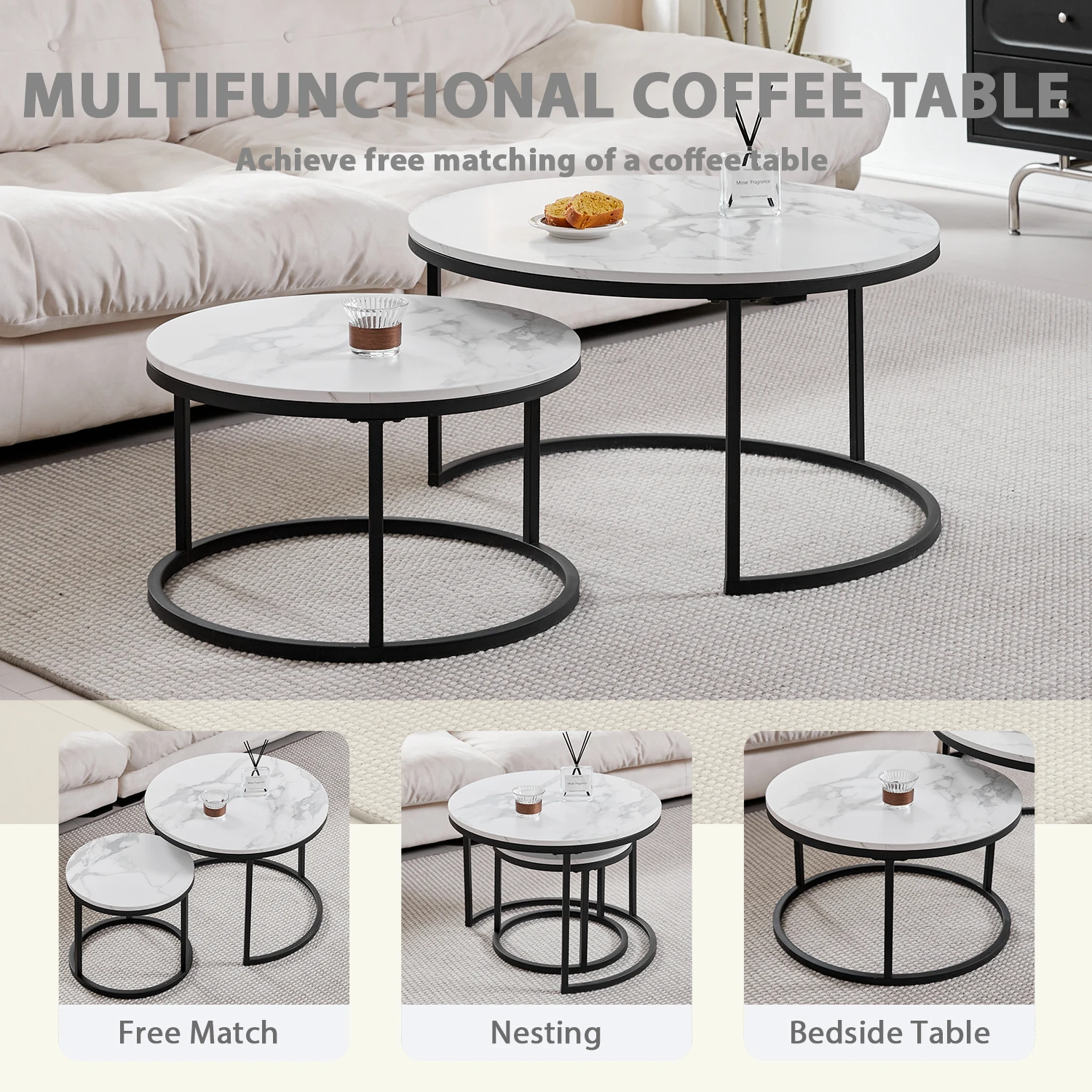 2-in-1-Couchtisch mit Marmorstruktur für Wohnzimmer, Sofa, runder Teetisch, Holzkombinationsmöbel, Metallgestell, schwarz – Detail 2