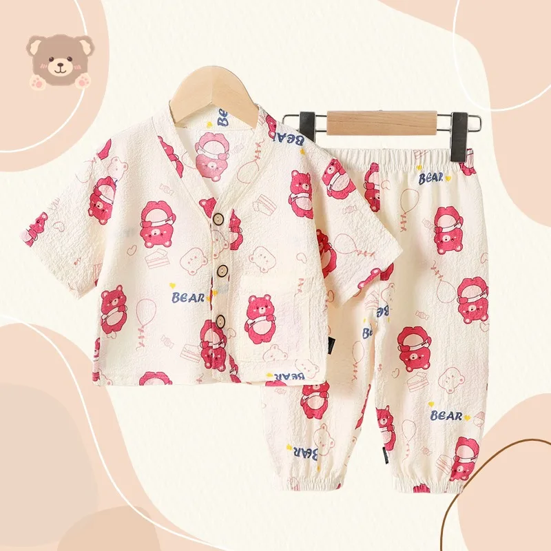 Neue Kinder Sommer dünne Pyjamas setzt Jungen Mädchen Cartoon Dreiviertel ärmel V-Ausschnitt Hemd Tops mit Hosen Baby Nachtwäsche Lounge wear