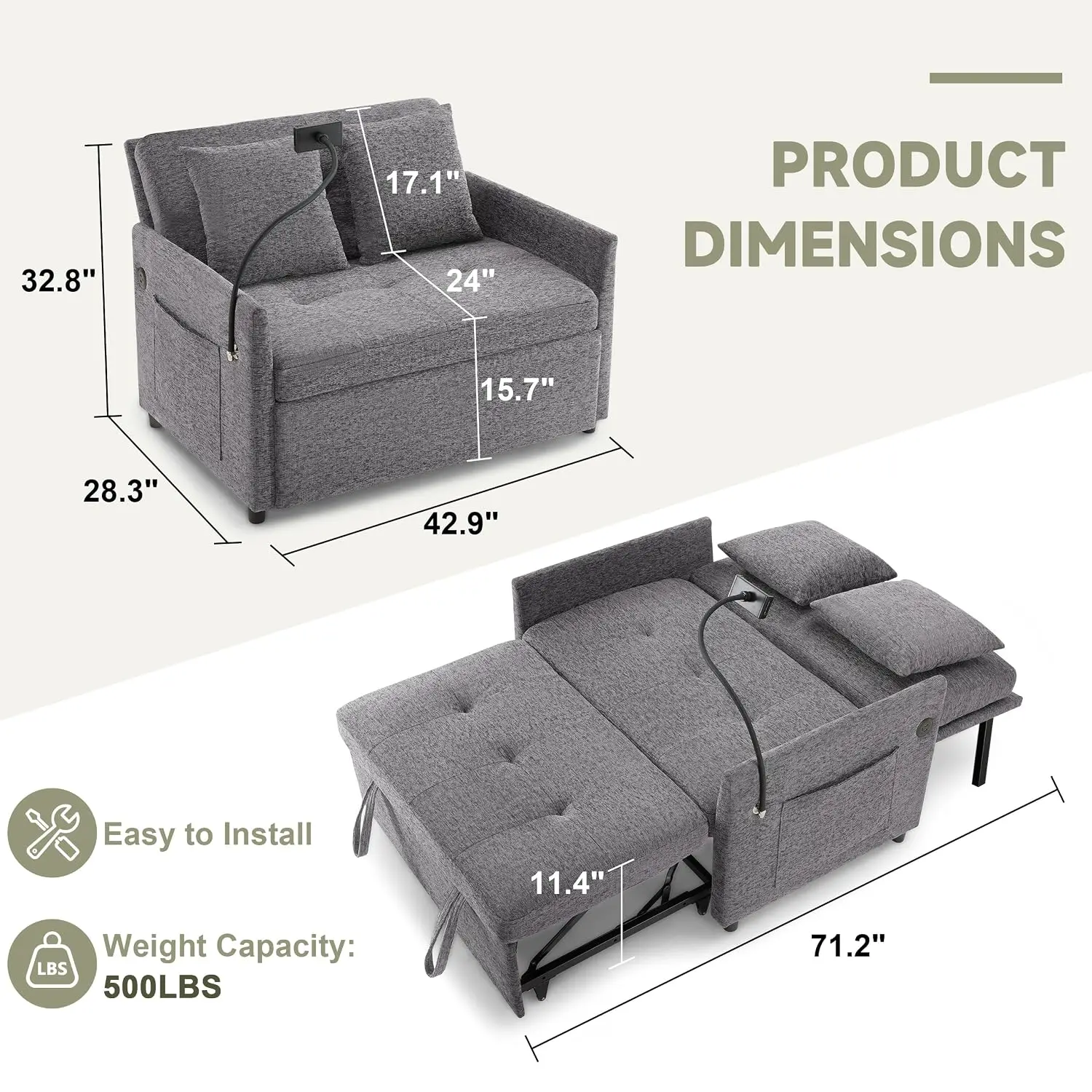 Loveseat Sleeper Sofa Pull Out Bed Dark Grey, Customized