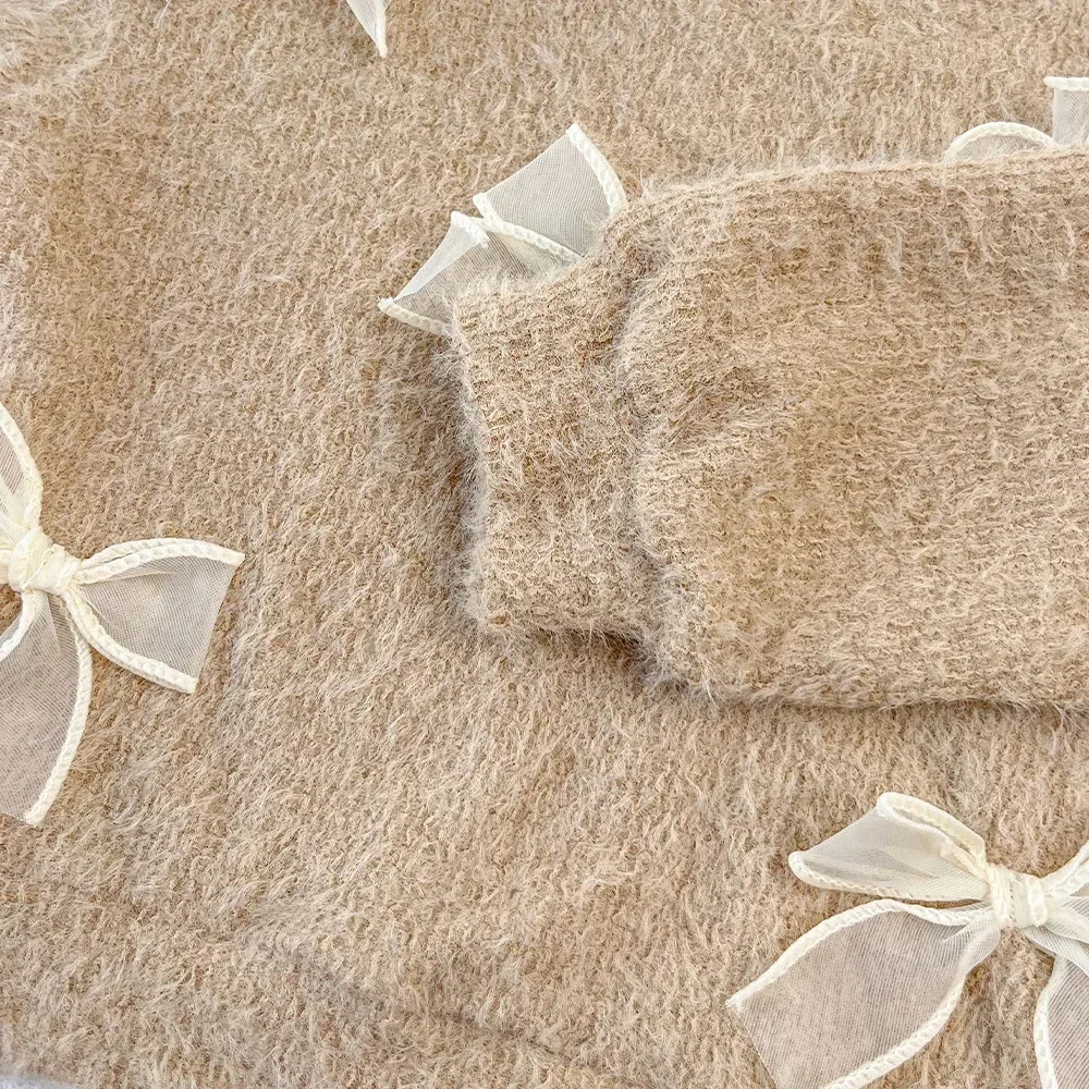 Herbstmode Neue Mädchenkleidung Khaki Schleifen-Oberteil mit Langen Ärmeln + Weißer Netzrock Koreanische Freizeitkleidung für Kinder Zweiteiliges Set – Detail 6