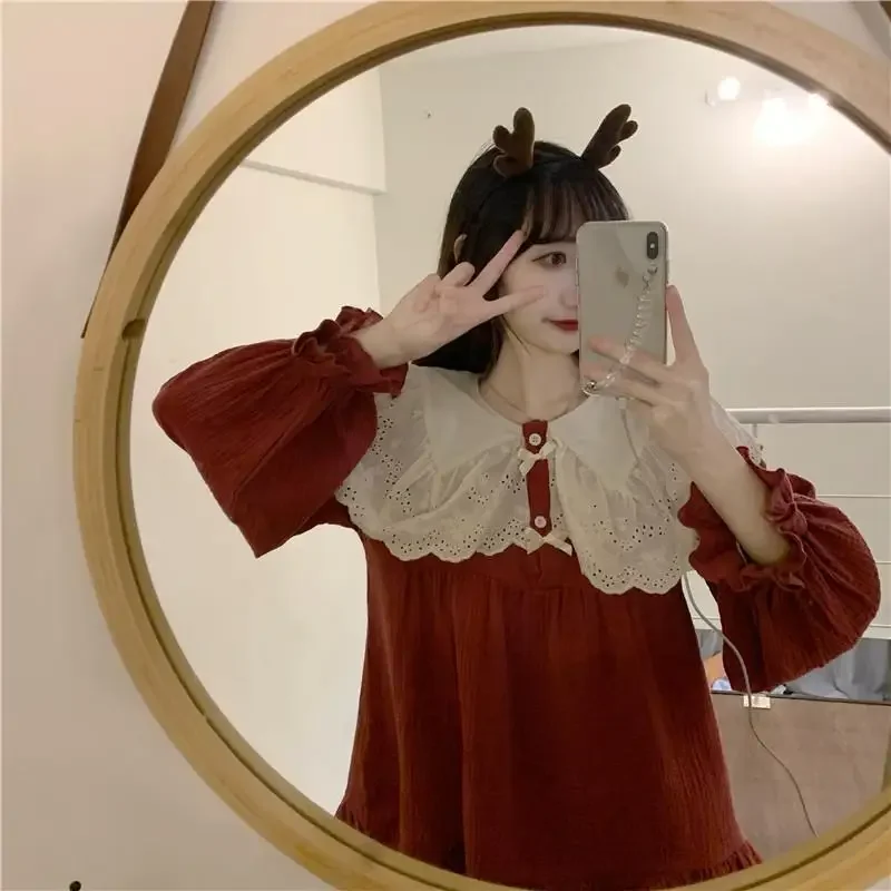 2024 New Oversized Lace Pajamas Women Autumn Winter Loungewear Doll Neck Sleepwear Long Sleeved Falbala Loose Homewear Set