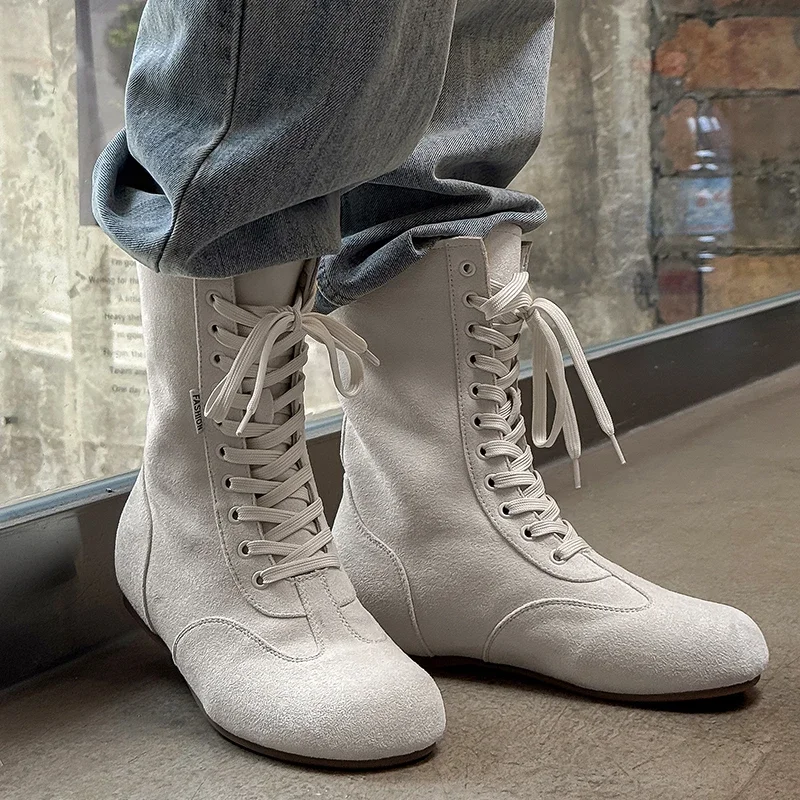 

Men High Top Flat Bottomed Lace Up Long Boots Solid Color Anti Suede Round Toe Anti Slip Comfortable Classic Denim Boots