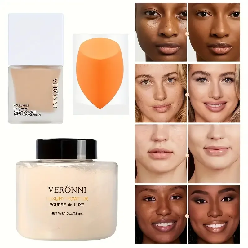 طقم بودرة وفرشاة للأساس والضبط ، جميع طبقات البشرة ، تحكم في الزيوت ، كونسيلر ، تشطيب يدوم طويلاً ، مكياج للوجه ، 3 في 1 #3