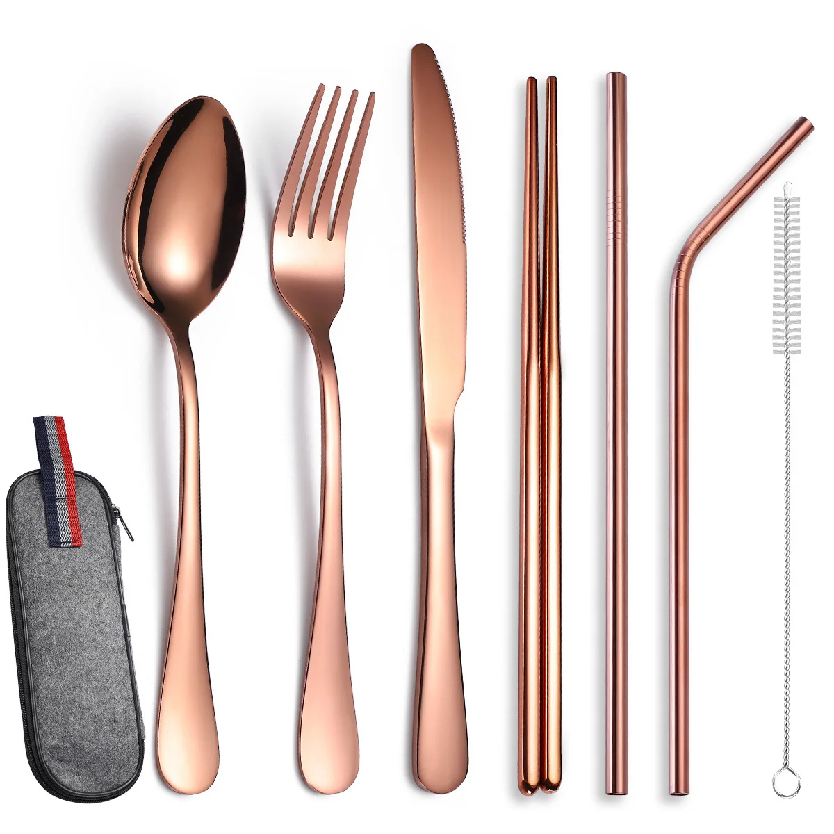 7pcs Stainless Steel Portable Tableware Set Knife Fork Spoon Chopsticks Straw and Brush Products Travel Cutlery Set