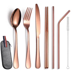 7pcs Stainless Steel Portable Tableware Set Knife Fork Spoon Chopsticks Straw and Brush Products Travel Cutlery Set